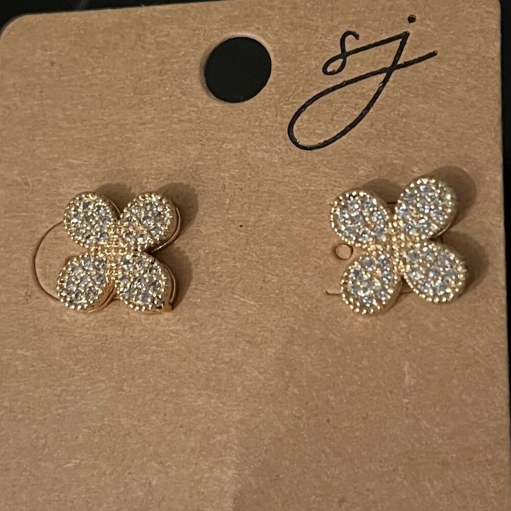 Gold-Tone Flower Stud Earrings with Crystal Accents